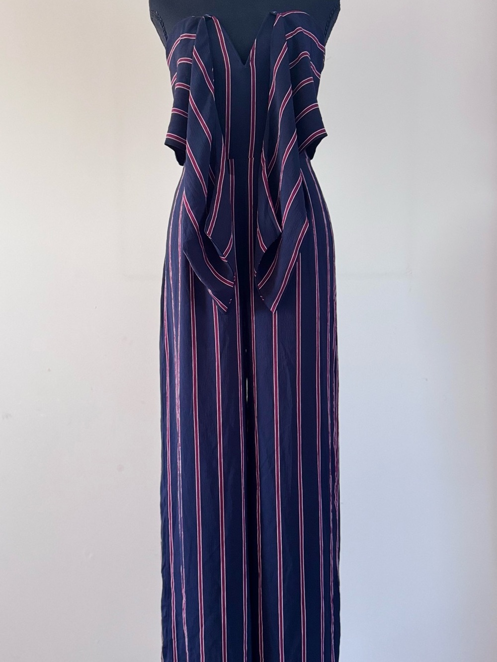 Windsor Navy Sleeveless Jumpsuit with Red Pinstripes and Bodice Tie Wrap